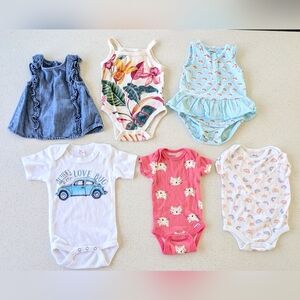 Set Of 6 Tops / Onesies 3-6 Month Girl - Rainbows, Cats, Auntie, Tropical, Denim